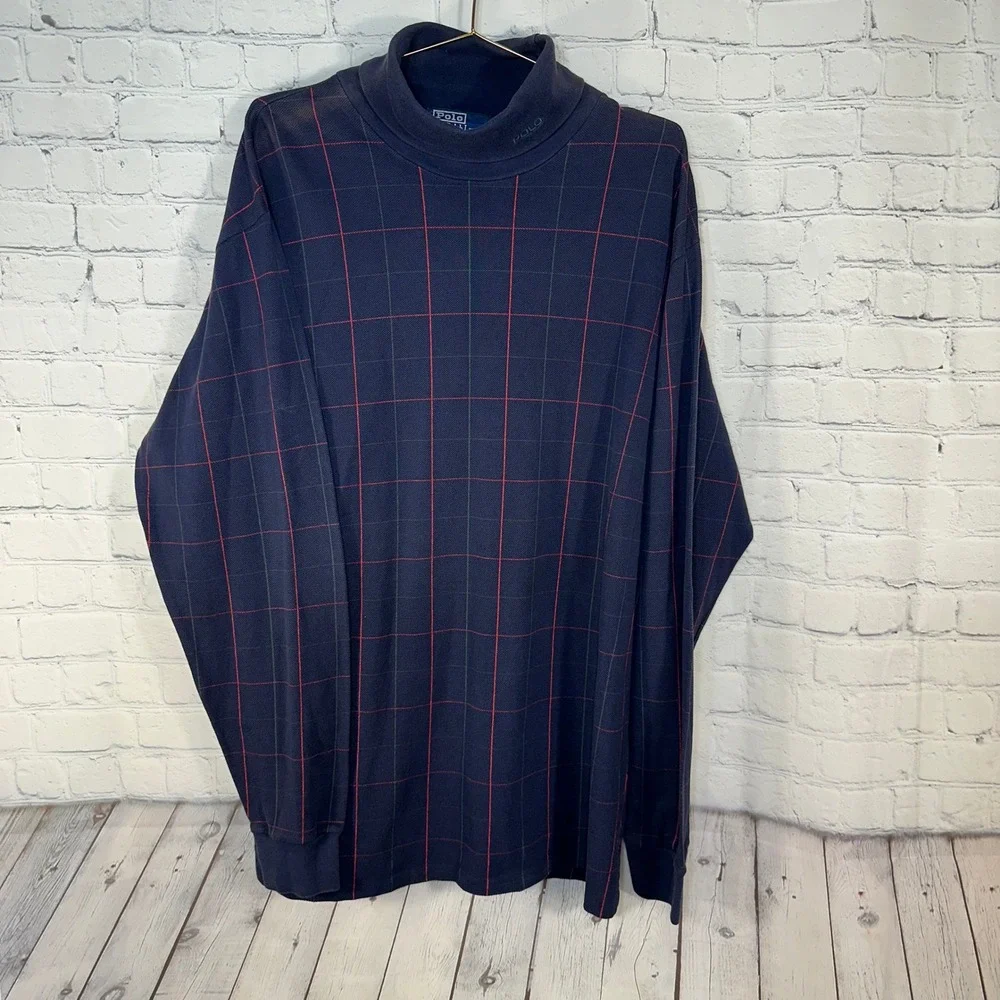 Polo Ralph Lauren Vintage Mock Neck Shirt Navy Plaid Cotton USA Mens XL